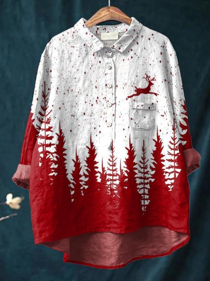 Women's Christmas Elk Pattern Casual Cotton And Linen Shirt