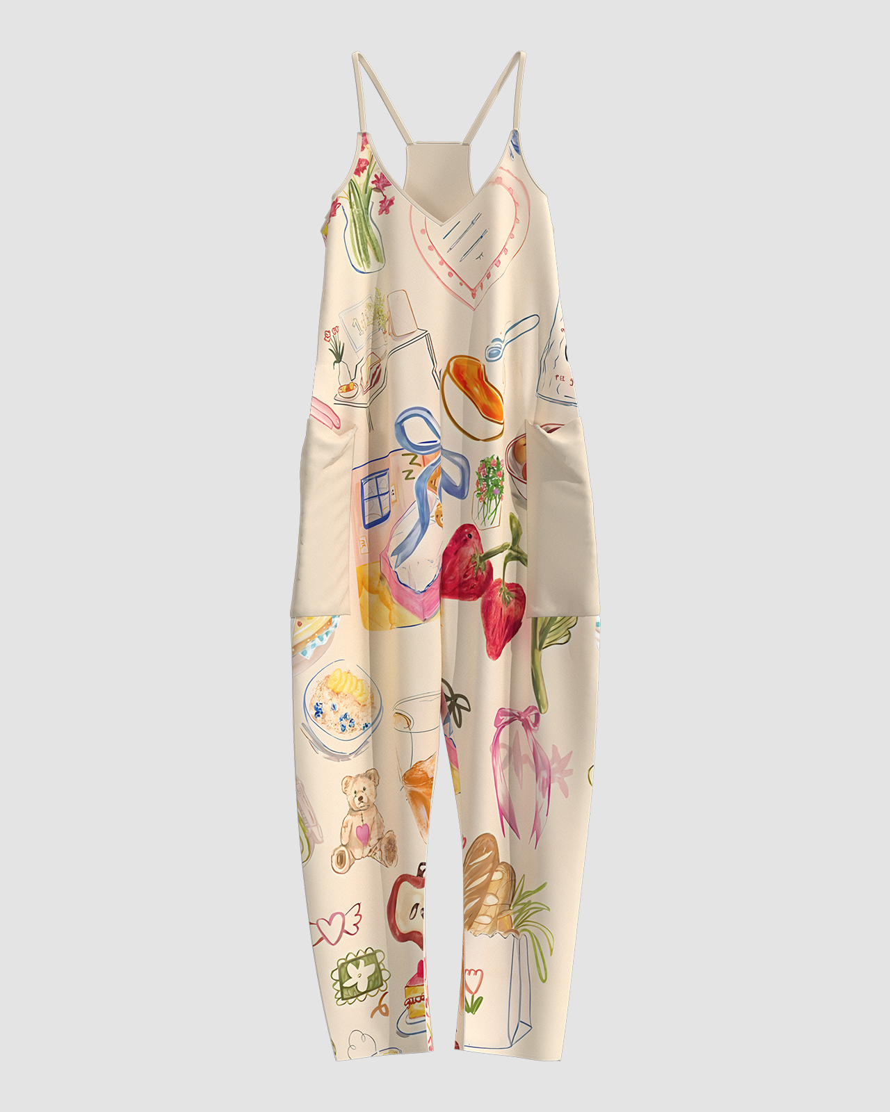 Women's Strawberry Cartoon Print Sleeveless Jumpsuit