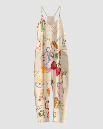 Women's Strawberry Cartoon Print Sleeveless Jumpsuit