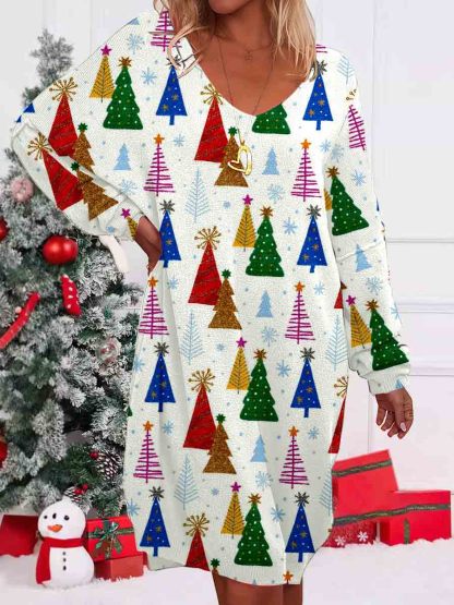 Women's Christmas Tree Knitted Long Sleeve Dress
