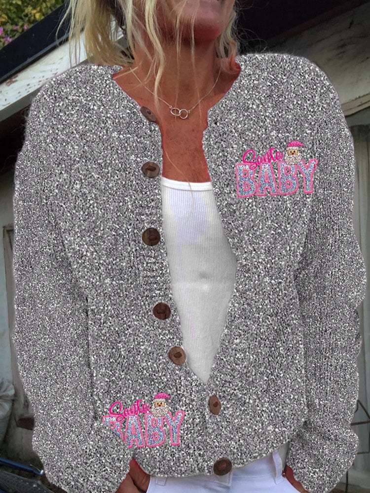 Women's Vintage Christmas Shiny Santa Baby Knit Cardigan