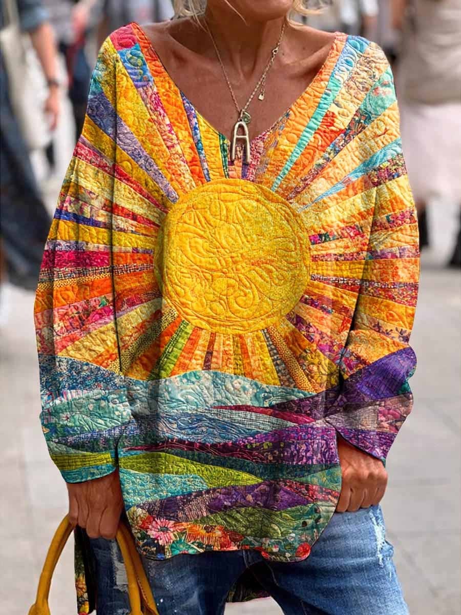 Women'S Geometric Pattern Long Sleeve Comfortable Cotton Top