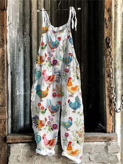 Women's Farm Chicken And Floral Embroidered Print Casual Linen Blend J
