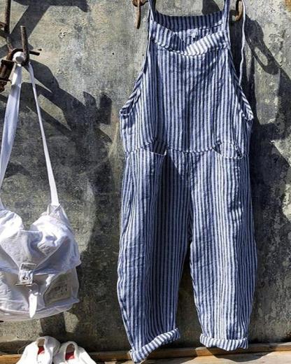 Strap Striped Jumpsuit Wide Leg Pants