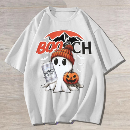 Funny Drinking Halloween Ghost Print Unisex Oversized Cotton Tee