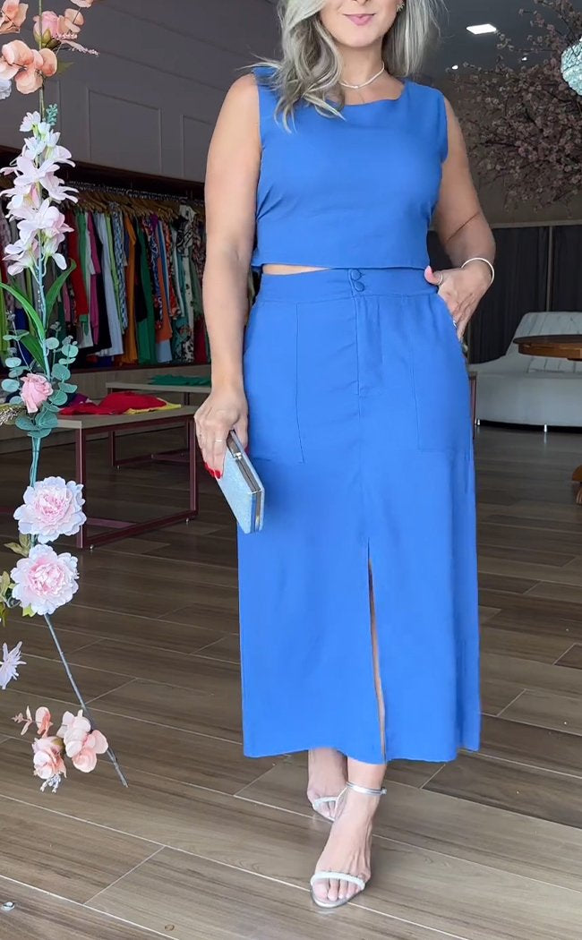Round Neck Sleeveless Top and Skirt Suit