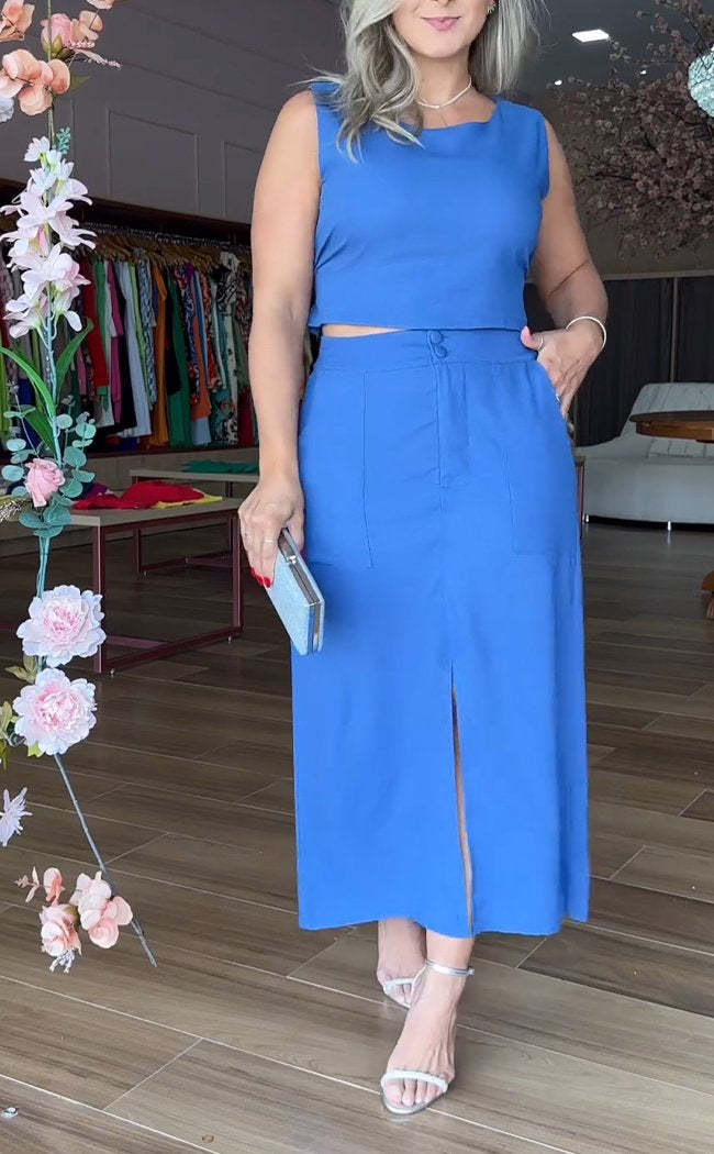 Round Neck Sleeveless Top and Skirt Suit