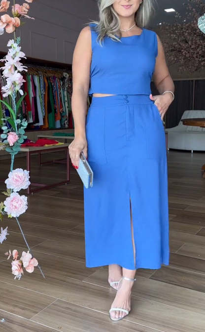 Round Neck Sleeveless Top and Skirt Suit