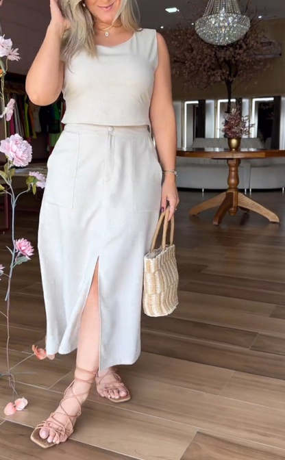 Round Neck Sleeveless Top and Skirt Suit