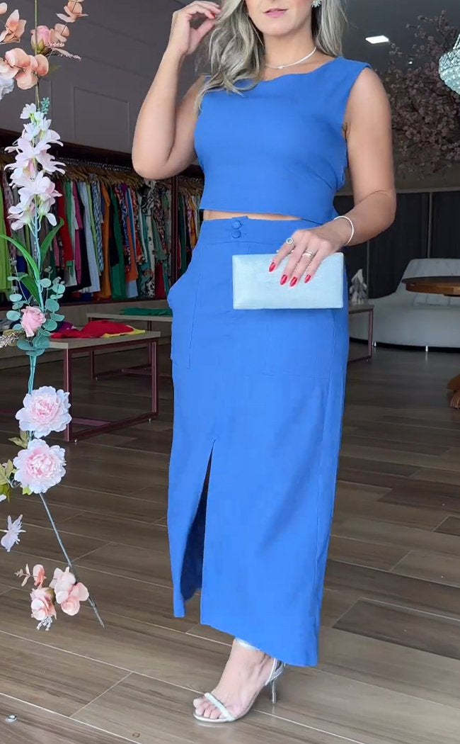 Round Neck Sleeveless Top and Skirt Suit