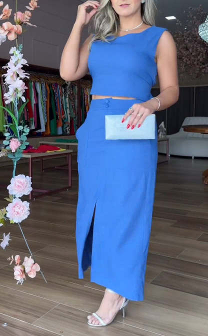 Round Neck Sleeveless Top and Skirt Suit