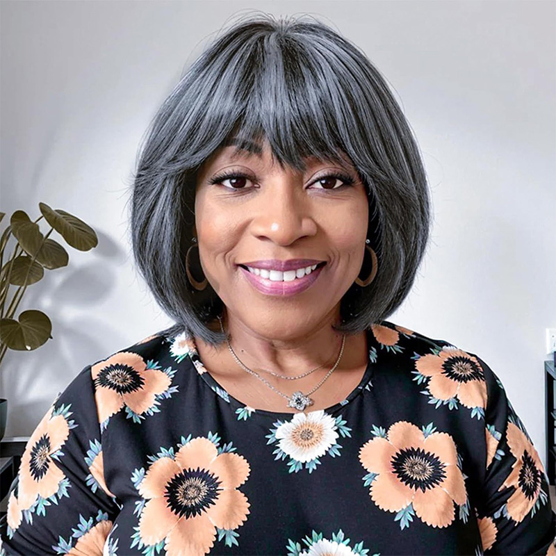 Short Grey Human Hair Wigs with Bangs 8 Inch Bob Style Machine Made Wig for Woman