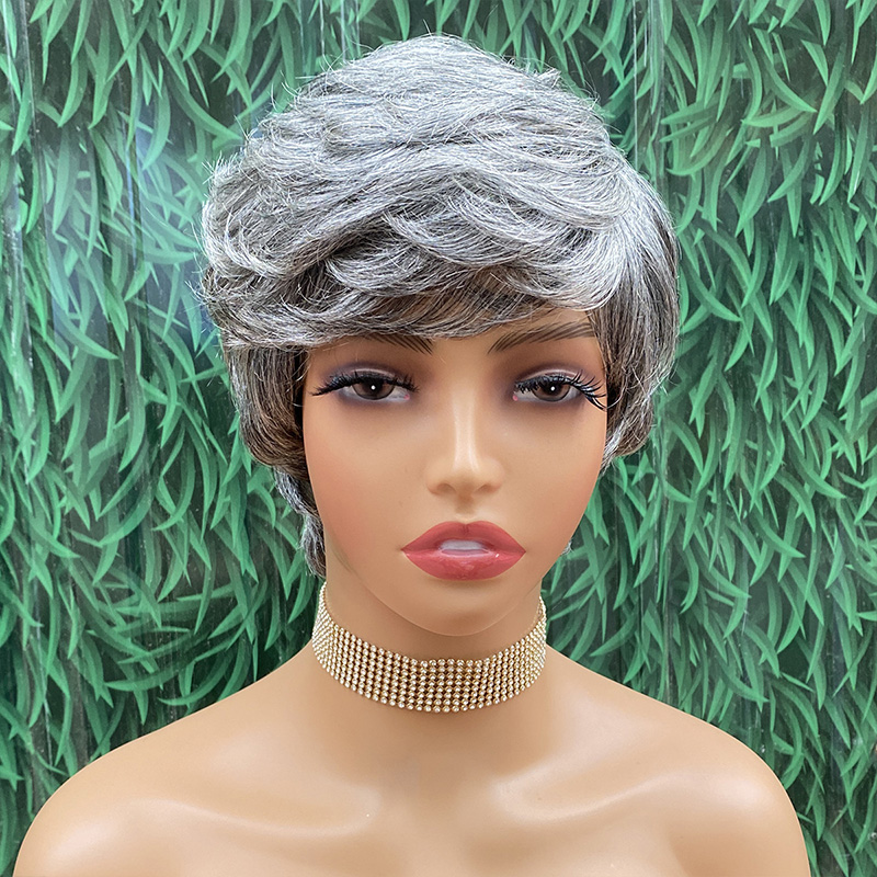 Pixie Wigs for Older Women Short Real Human Hair Wig Grey Color Bob Style