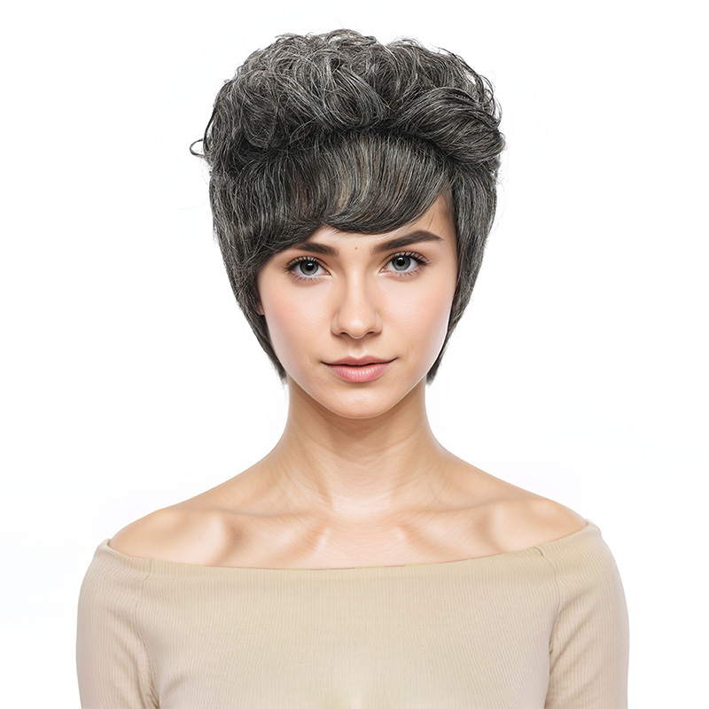 Salt and Pepper Short Pixie Cut Wig Glueless Minimalist Machine Made Human Hair Wigs