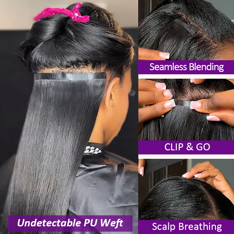 Seamless Clip In Hair Extensions Silky Straight PU Hair Weft For Women Unprocessed Remy Human Hair