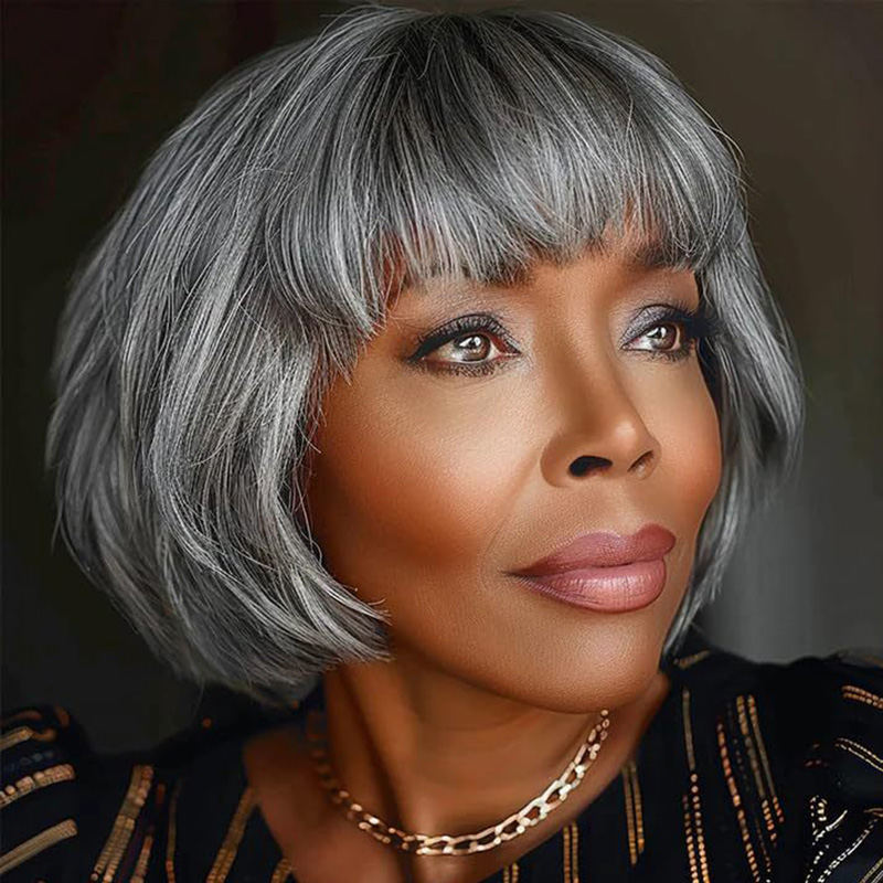 Short Grey Human Hair Wigs with Bangs 8 Inch Bob Style Machine Made Wig for Woman