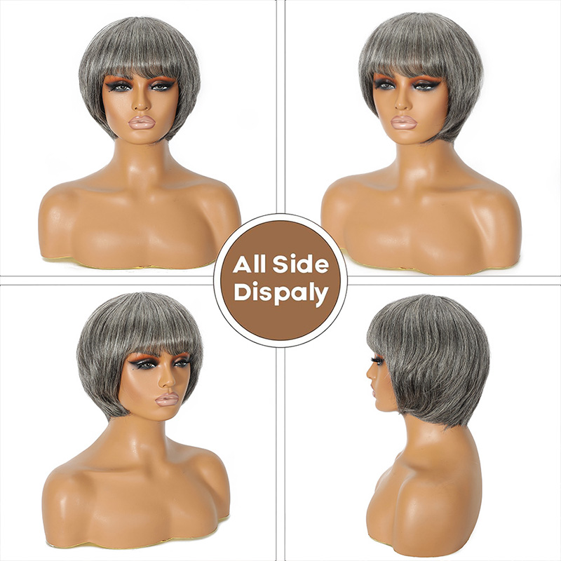 Short Grey Human Hair Wigs with Bangs 8 Inch Bob Style Machine Made Wig for Woman