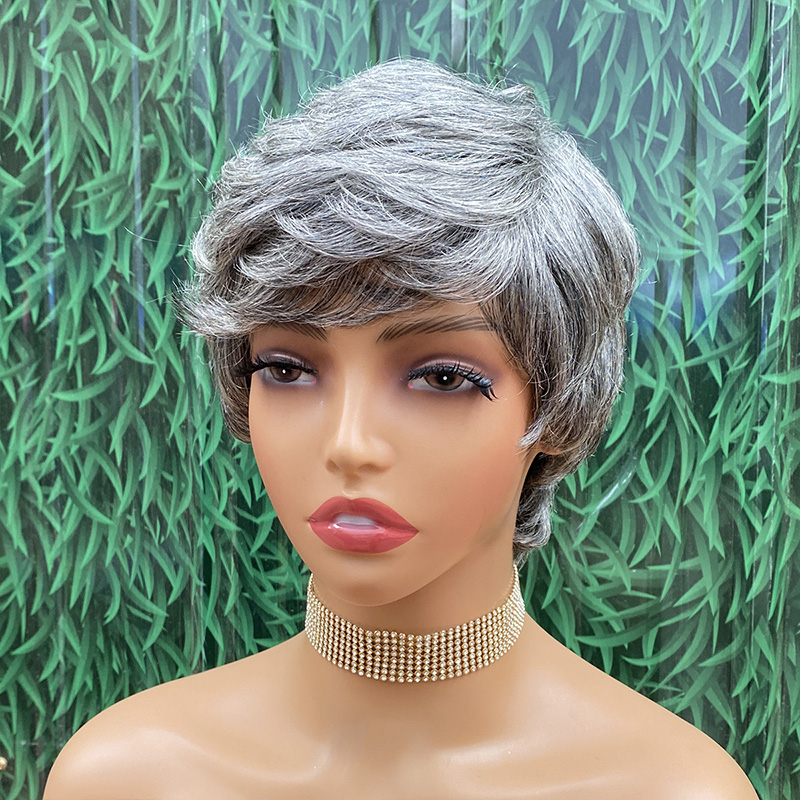 Pixie Wigs for Older Women Short Real Human Hair Wig Grey Color Bob Style