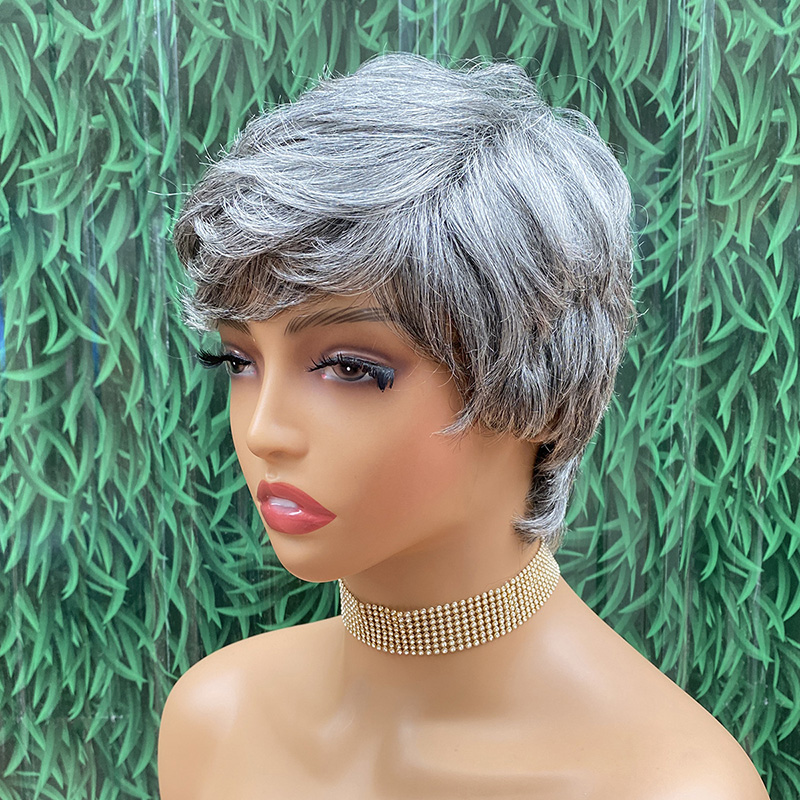 Pixie Wigs for Older Women Short Real Human Hair Wig Grey Color Bob Style