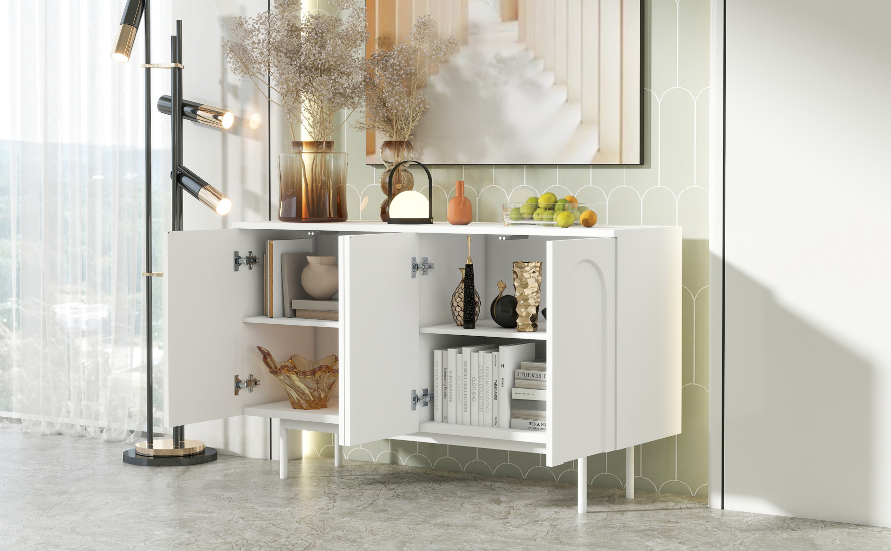 Buffet Bahut Moderne 120×35×71cm - OKWISH - 4 Portes, Espace de Rangement et Plateau Réglable - Blanc - Contemporain