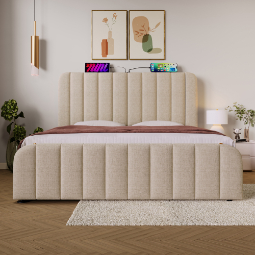 Gepolstertes Doppelbett aus Leinen-OKWISH