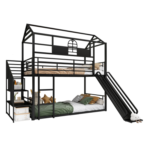 Etagenbett mit Eisenrahmen, oberem Fenster und Rutsche-OKWISH