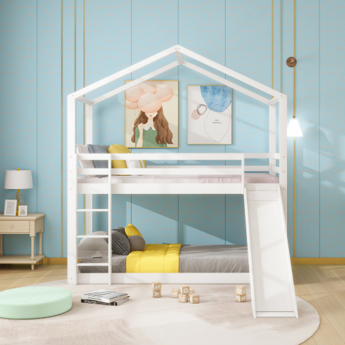 Kinderbett Hausbett, Niedriges Etagenbett mit Rutsche, Massivholz-Etagenbettrahmen mit Lattenrost 