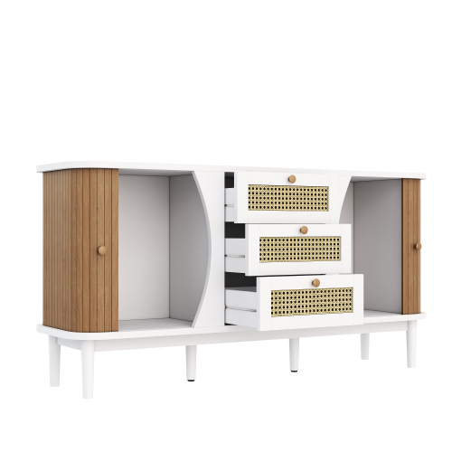 Sideboard, Rattanschrank mit Schubladen, Kommode mit Schiebetüren 
