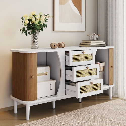 Sideboard, Rattanschrank mit Schubladen, Kommode mit Schiebetüren 