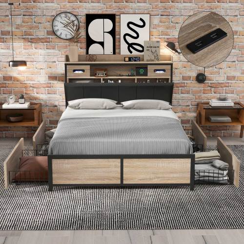 Metallbett, Hydraulikbett,Jugendbetten,mit Stauraum-Kopfteil und Metall Lattenrost, Ohne Matratze