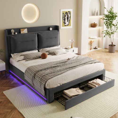 Mit LED-Licht gepolstertes hydraulisches Bett-OKWISH