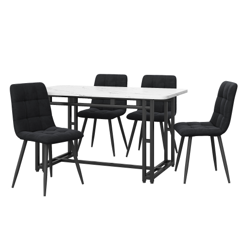 Schwarz Esstisch mit 4 Stühlen Set,Moderne Küche Esstisch Set, Schwarz Samt Esszimmerstühle