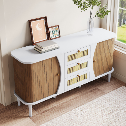 Sideboard, Rattanschrank mit Schubladen, Kommode mit Schiebetüren 