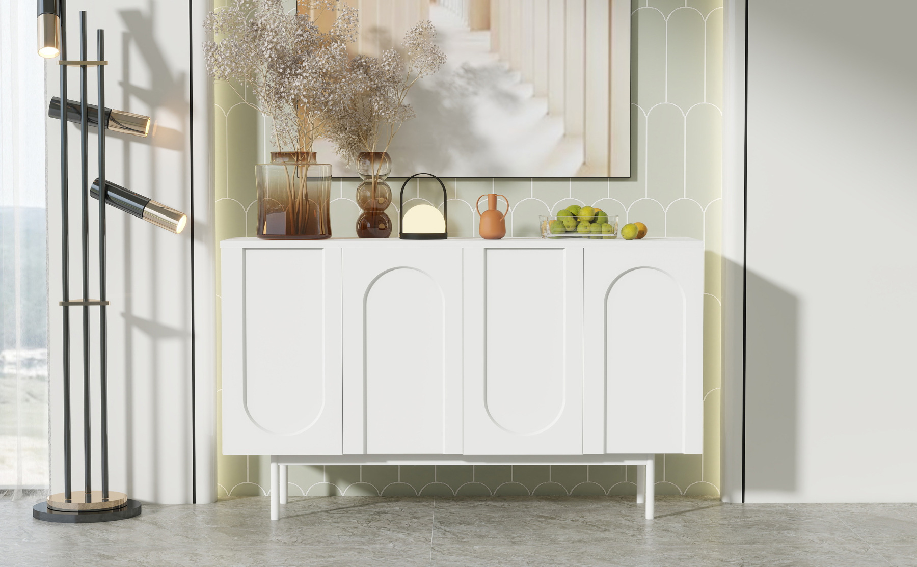 Buffet Bahut Moderne 120×35×71cm - OKWISH - 4 Portes, Espace de Rangement et Plateau Réglable - Blanc - Contemporain