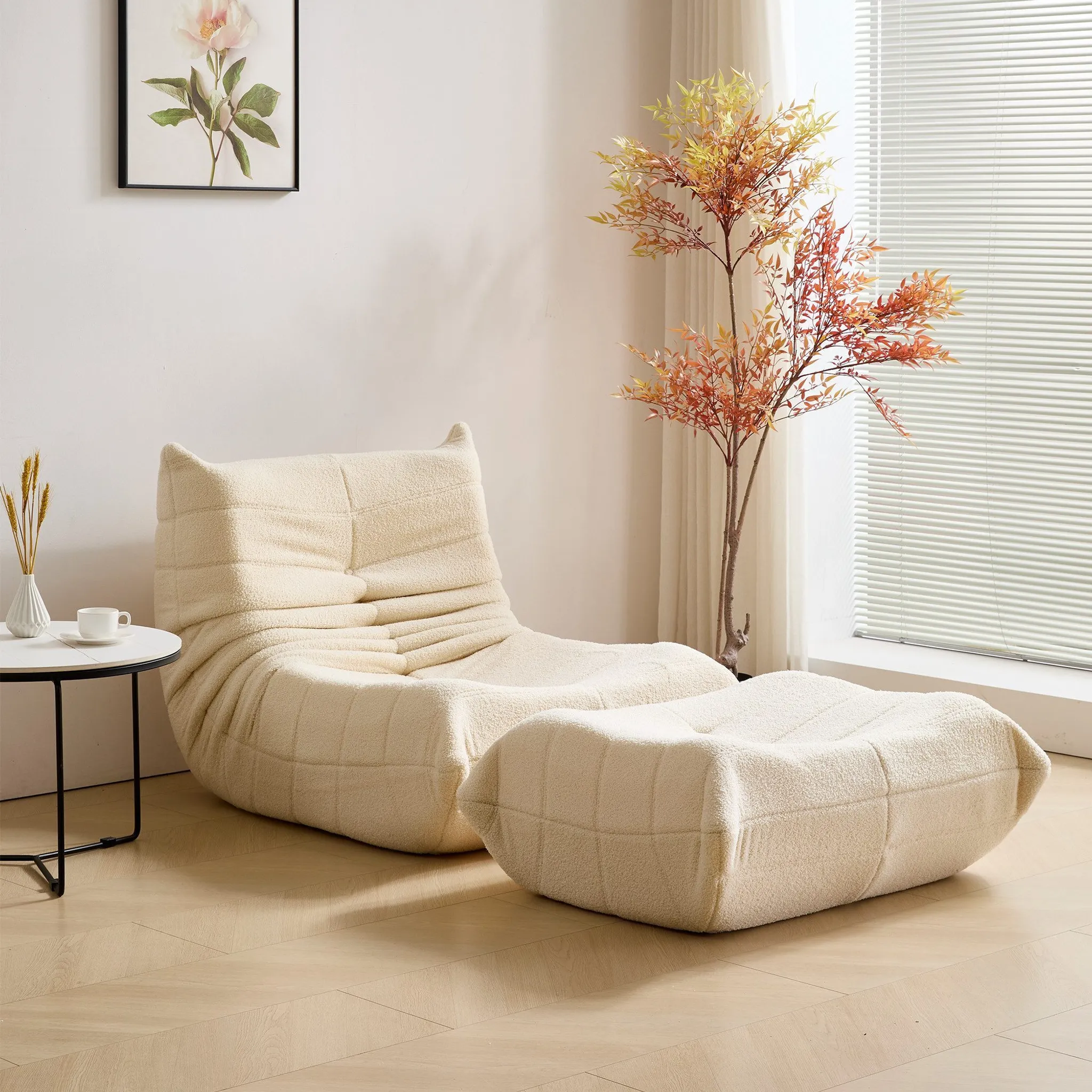Relax Sessel Sofa Set – Faltbares Schlafsofa mit Rückenlehne & Fußstütze aus Teddystoff, Beige, für Wohnzimmer & Meditation