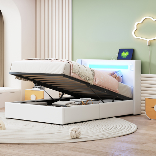 Mit LED-Lichtleiste, Bluetooth-Player und USB-Aufladung, Stauraumbett aus PU-Leder, Hochbettkasten