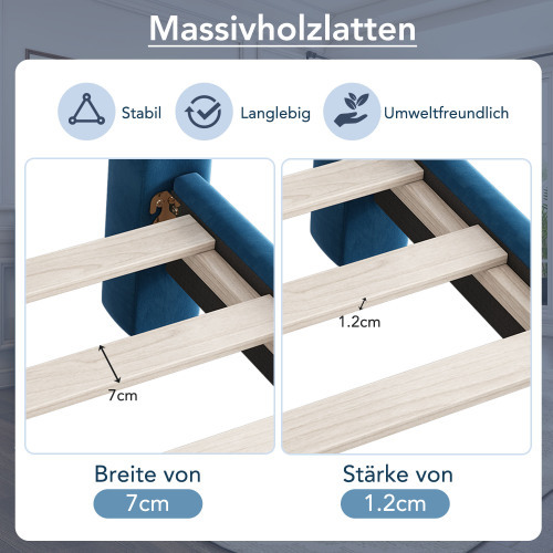 Polsterbett mit Lattenrost und Kopfteil, Stilvolles fächerförmiges Kopfteil, Zylindrische Stützbeine