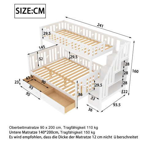 Etagenbett aus Massivholz mit Sicherheitstreppe-OKWISH