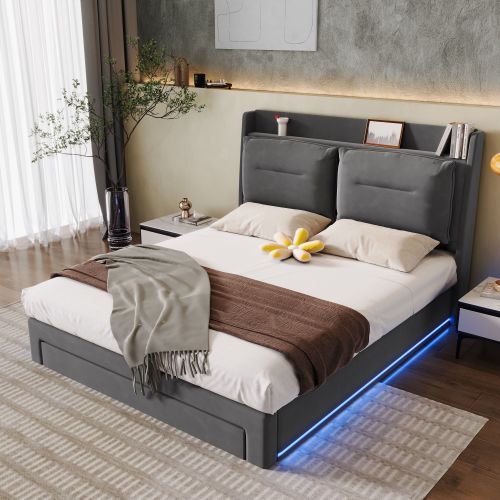 Mit LED-Licht gepolstertes hydraulisches Bett-OKWISH