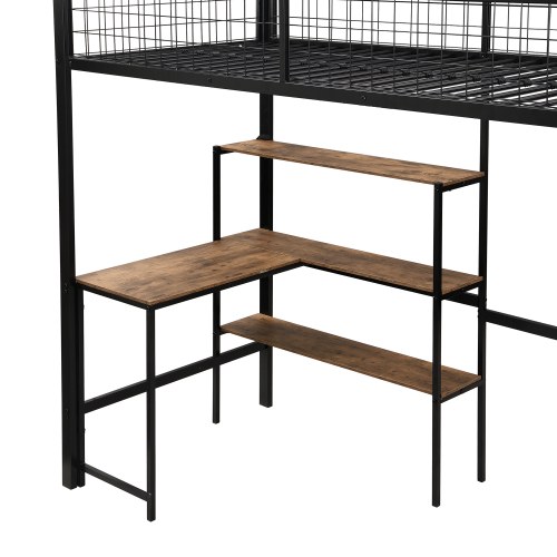 90*200cm Hochbett, Eisenbett, Untertisch, mehrere Einlegeböden, Einbauschrank