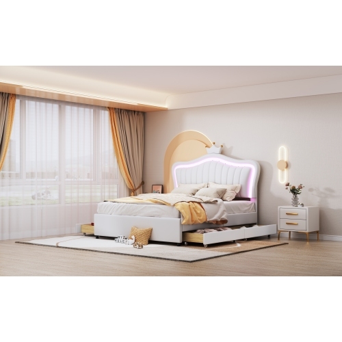 Einzelbettgestell aus PU-Leder mit Stauraumschubladen, LED-Leuchten, Lattenrost und Rückenlehne 