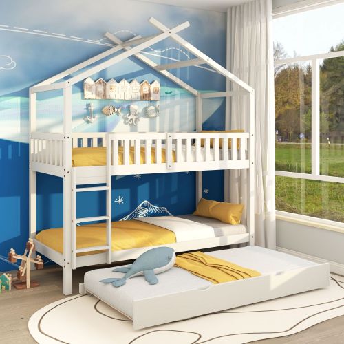 Hausbett Kinderbett Jugendbett,  drei Betten, Ausziehbar, Platzsparendes Design