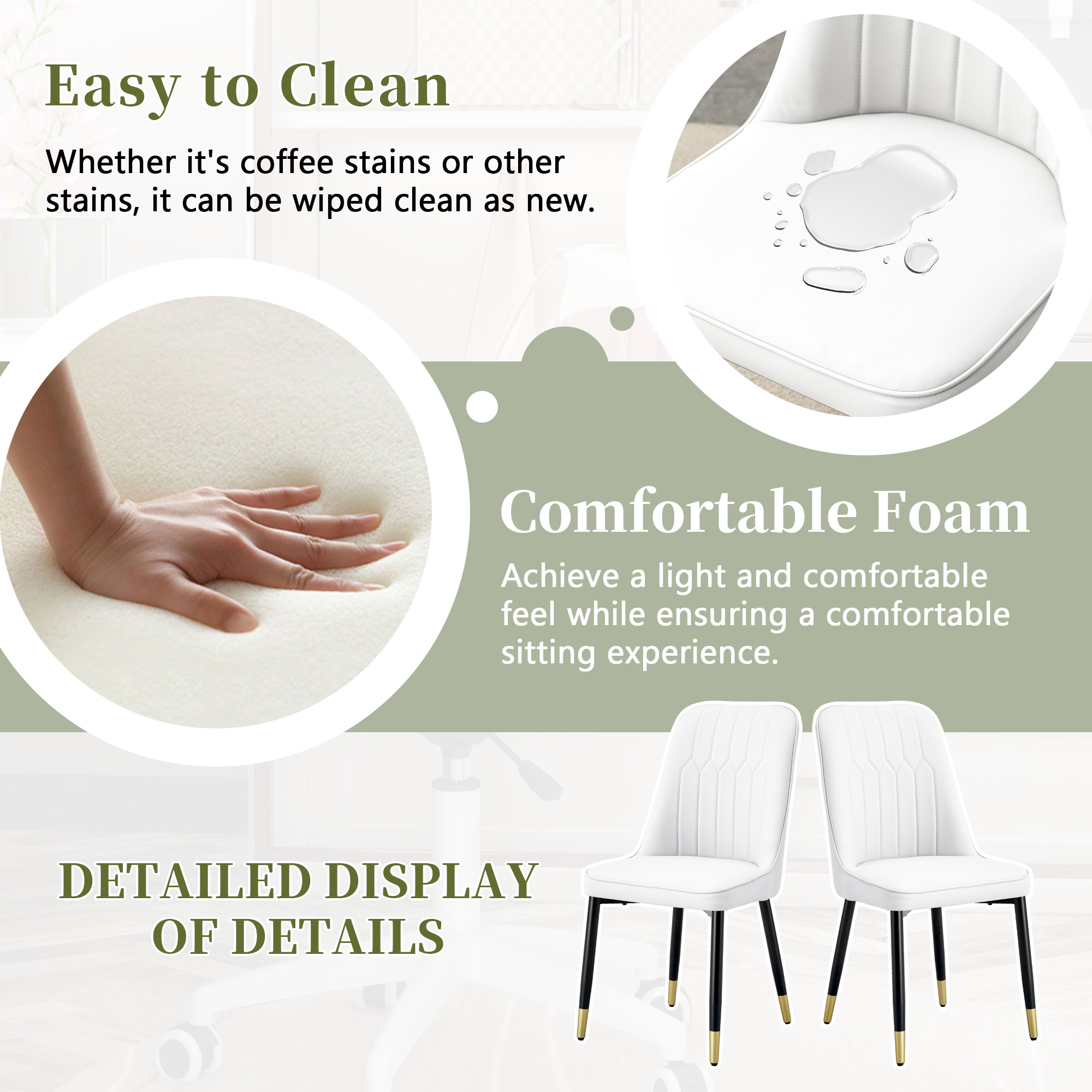 OKWISH White PU Dining Chairs Set with Black Metal Legs