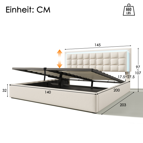 Polsterbett mit Lattenrost und Stauraum Doppelbett inkl. LED-Beleuchtungsleiste Bettg