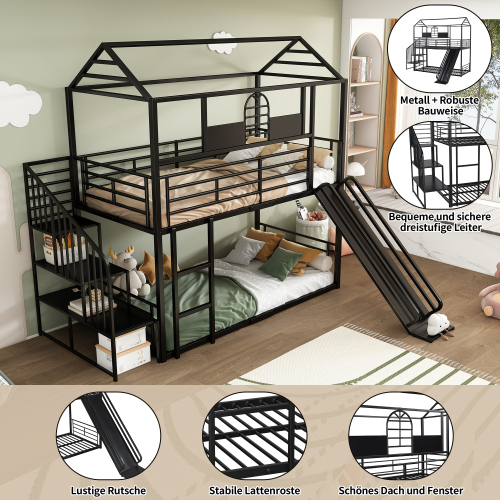 Etagenbett mit Eisenrahmen, oberem Fenster und Rutsche-OKWISH