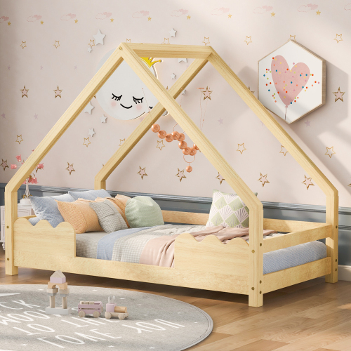 Hausbett Kinderbett mit Rausfallschutz Spielbett Jugendbett Massivholz in Natur