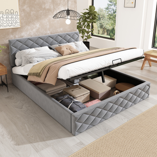 Polsterbett,Hydraulisches Funktionsbett mit Lattenrost und Stauraum,140*200, Einfach und elegant