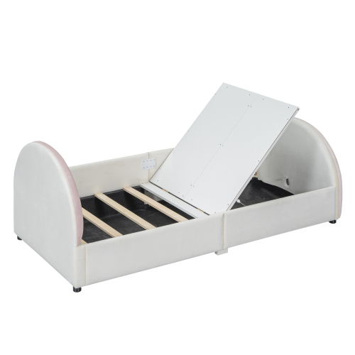 Kinderbett, Polsterbett, Regenbogenform, Lattenrost hochklappbar, großer Stauraum, Regenbogenfarbe 