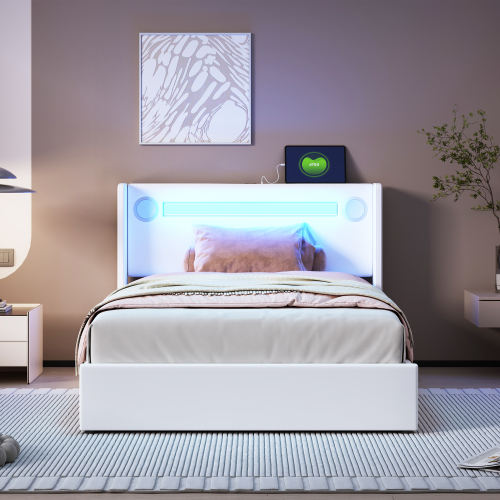 Mit LED-Lichtleiste, Bluetooth-Player und USB-Aufladung, Stauraumbett aus PU-Leder, Hochbettkasten
