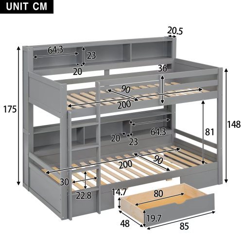 90x200cm Einzelbetten, Kinderbetten, Etagenbetten, Etagenbetten, mit Schubladen, mit Staufächern